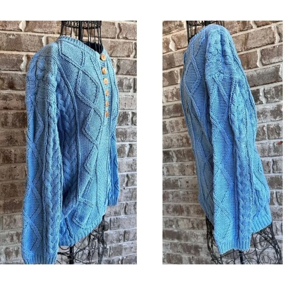 Nuggets Cable Knit Sweater Medium Vintage Powder Blue Upper Front Button… Size undefined - Image 8