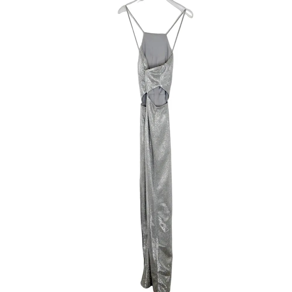 Y2k Metallic Silver Prom Dress Gown Halter Dress Cut Out - Image 5