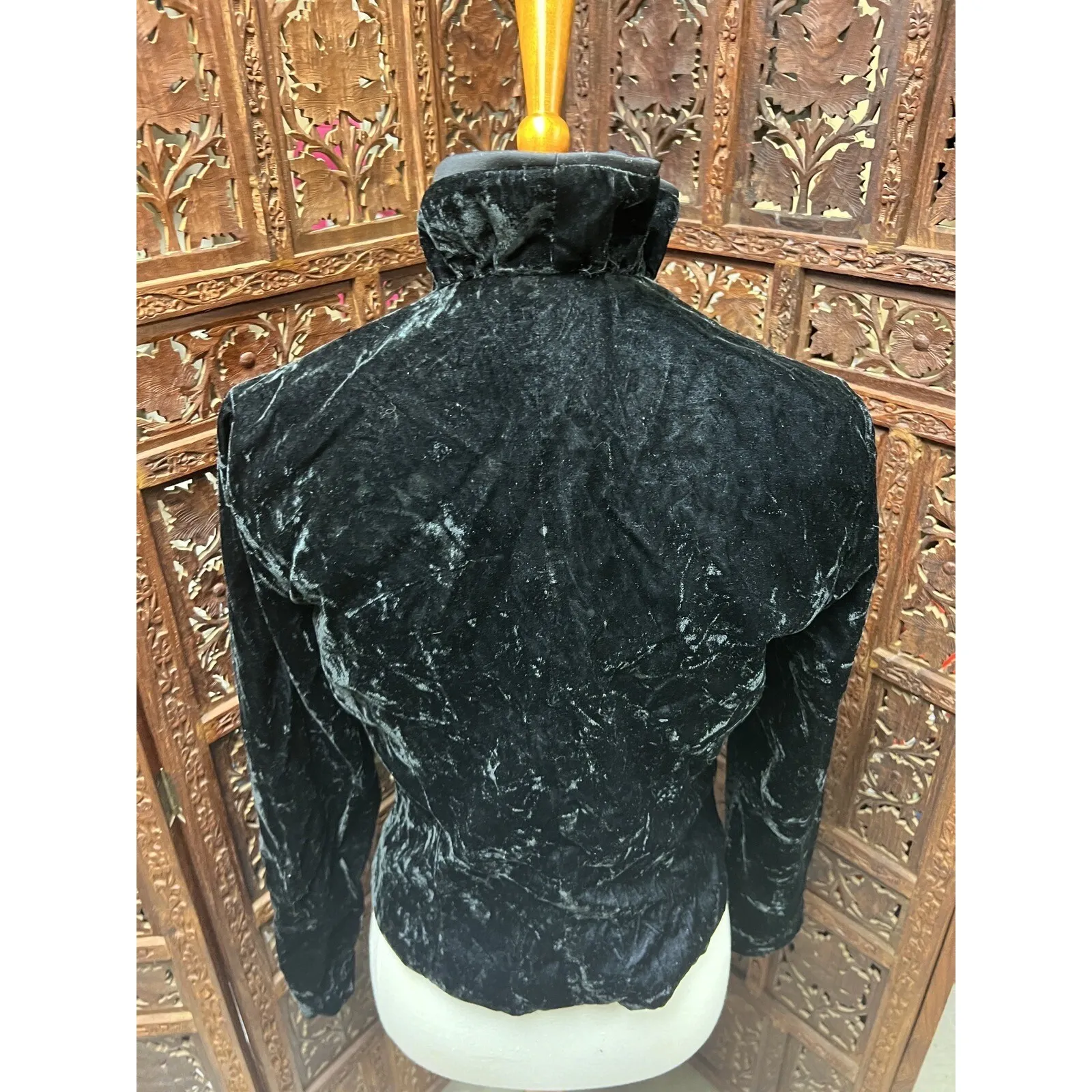 Vtg S black Goth Victorian steampunk Gothic Collared Button Front Jacket velvet - Image 5