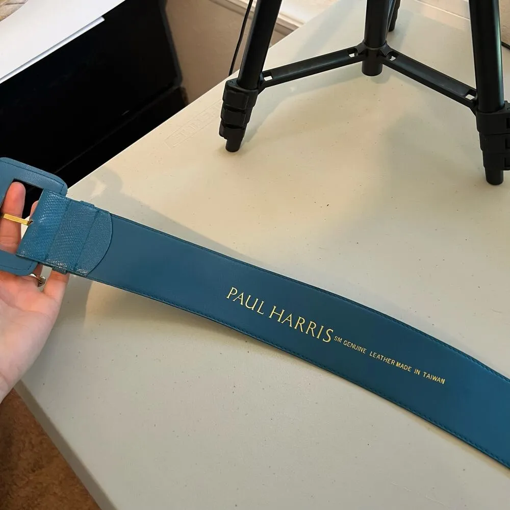 90s Vintage Paul Harris Blue Genuine Leather Wide Snake Print Chunky Belt S/M - Image 7