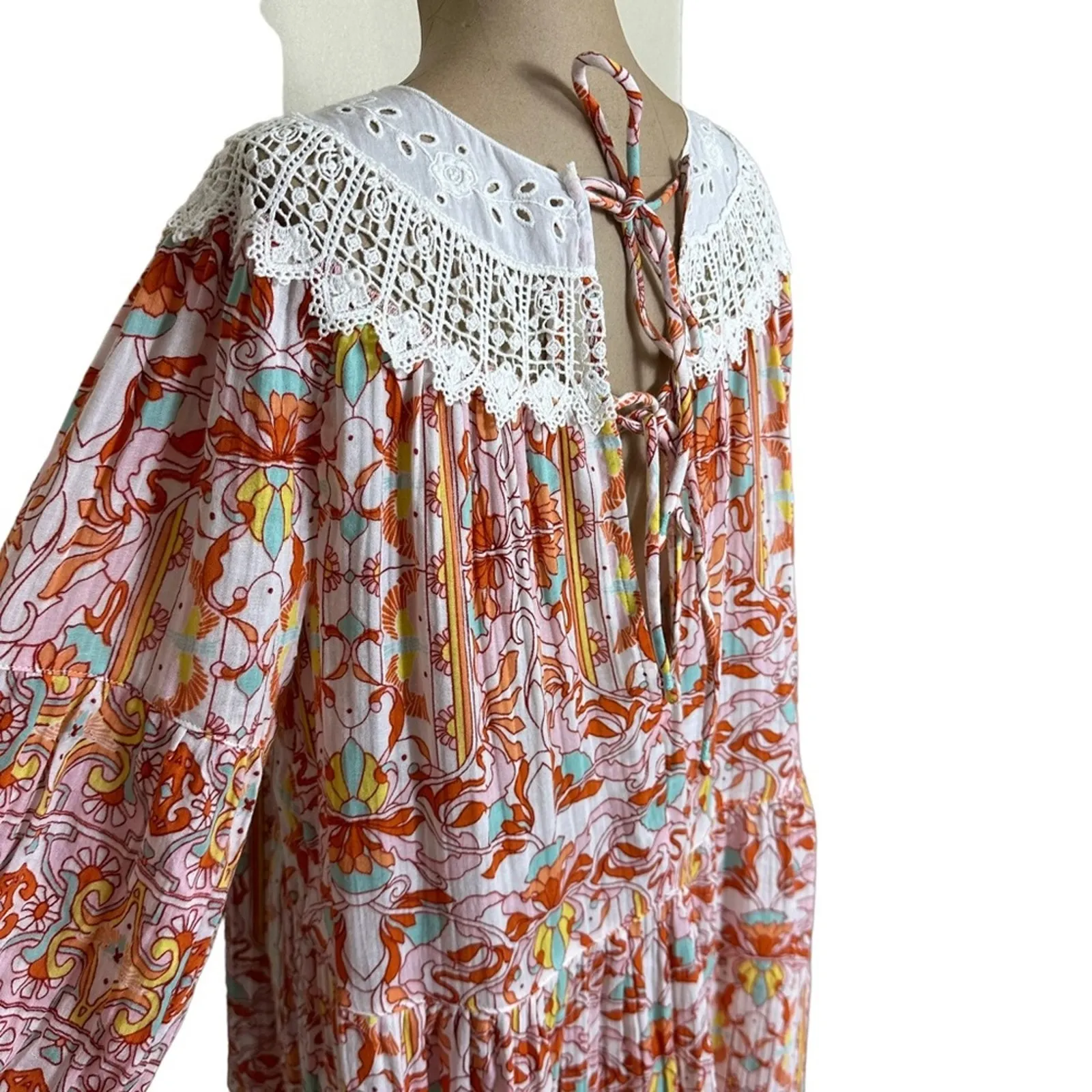 Anthropologie Midi Dress Pink Floral Florence Lace Collar Cotton Cottage - Image 10