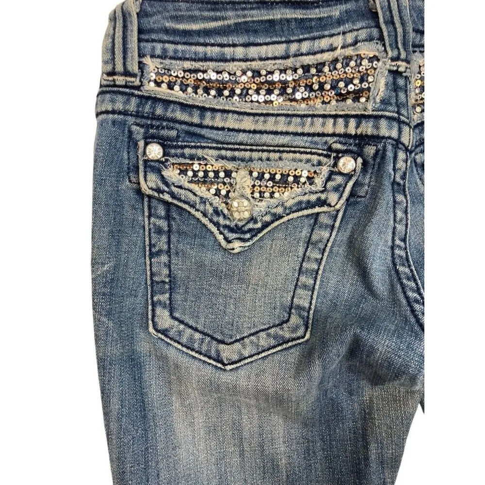 Miss Me Bootcut Womens Jeans Sz 27 Bling Rhinestone Distressed Denim Flap Pocket - Image 4