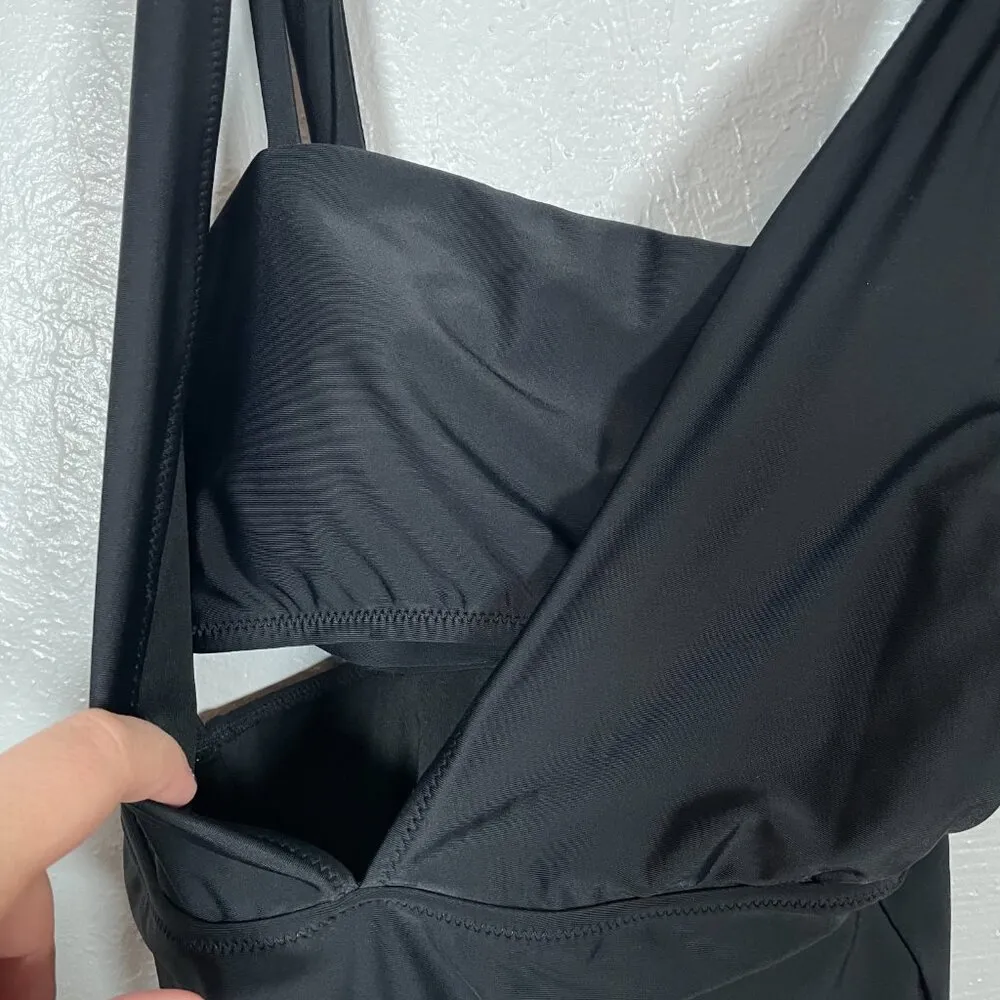 Aerie Women M Black Layered One Piece Swimsuit Bandeau Deep V-Neck Full Coverage - Image 4