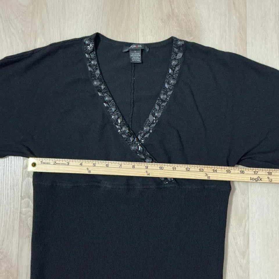 Style & Co Black Embellished V Neck 3/4 Sleeve Wrap Style Sweater Top L - Image 3