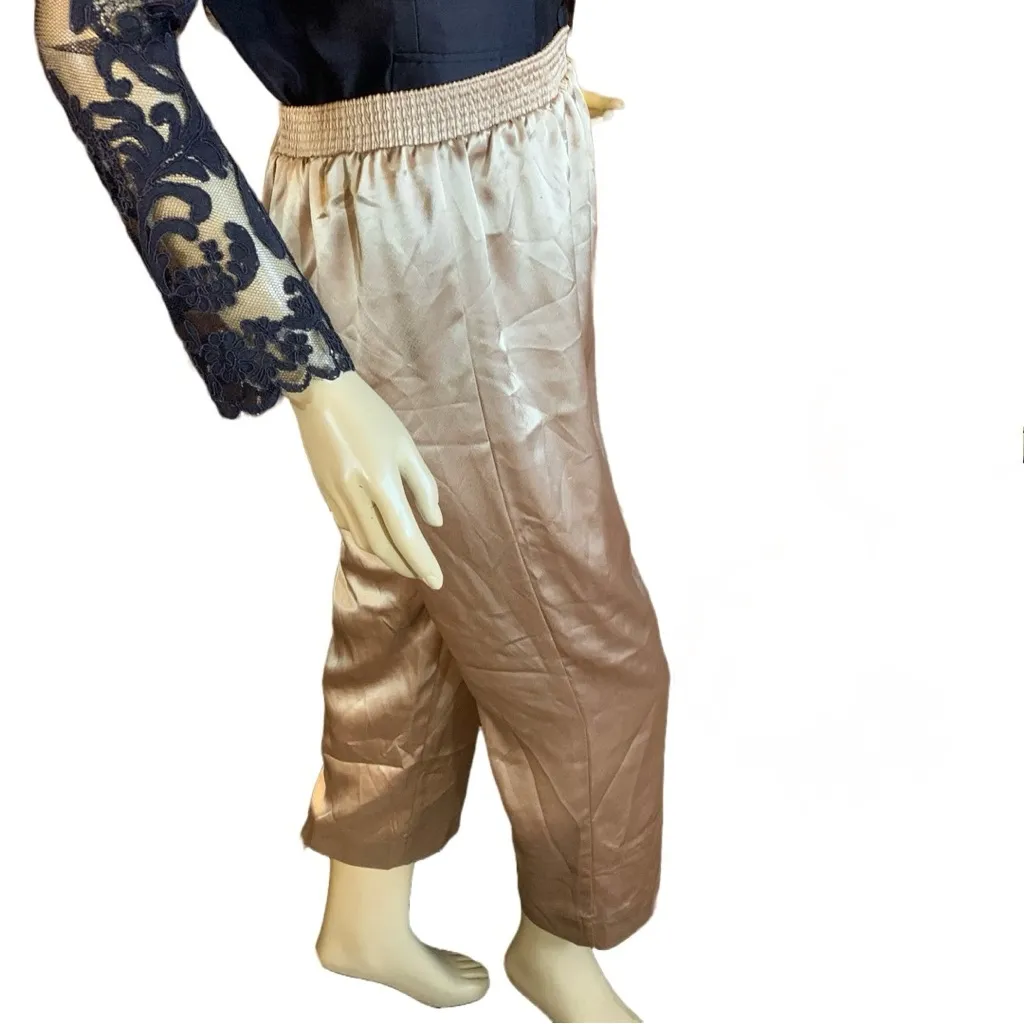 VINTAGE 1980'S FLAGG PETITES GOLD SATIN ELASTIC WAIST TROUSERS (12P) - Image 4