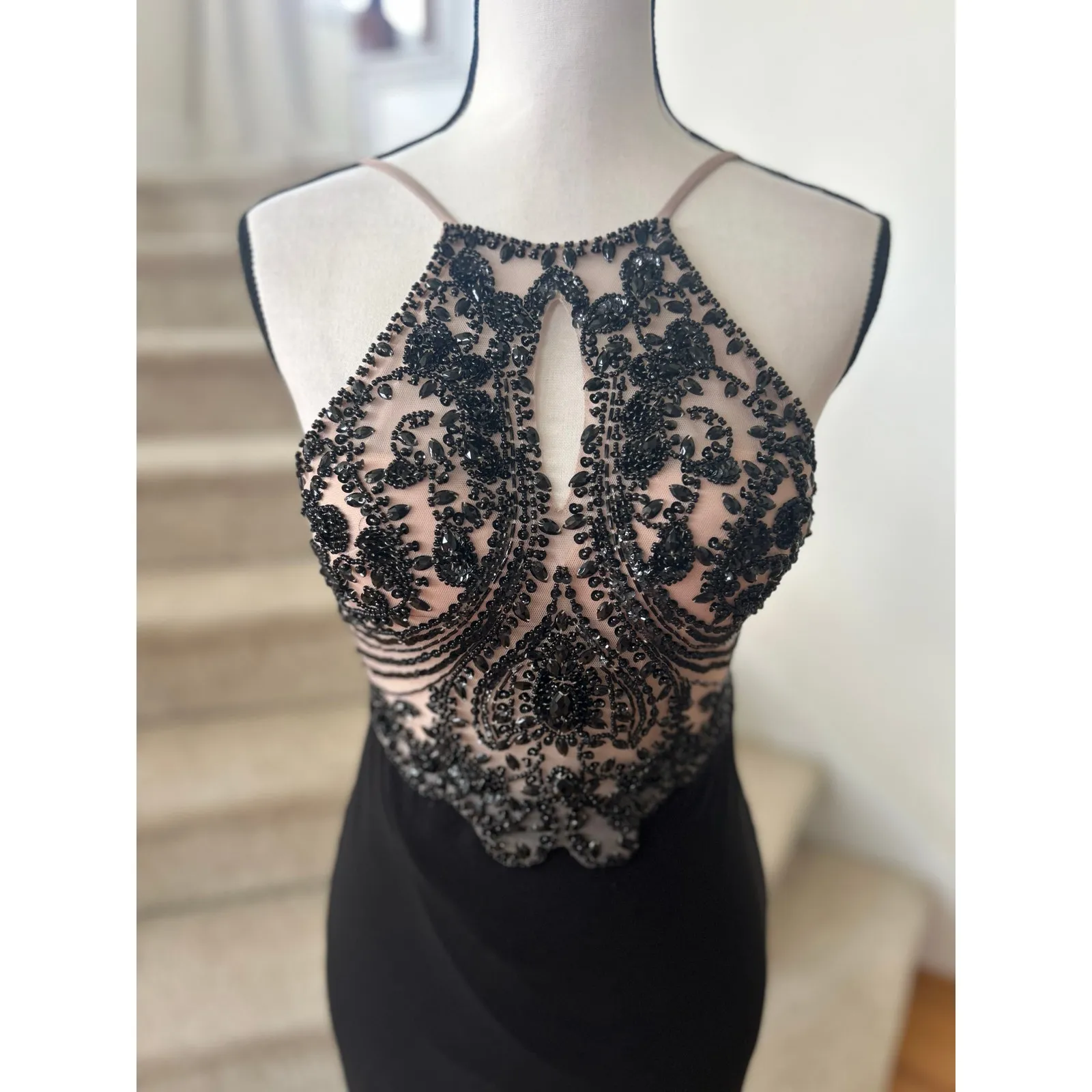 Blondie Nites Black Nude Illusion Beaded Halter Sheath Maxi Gown Prom Dress - Image 3