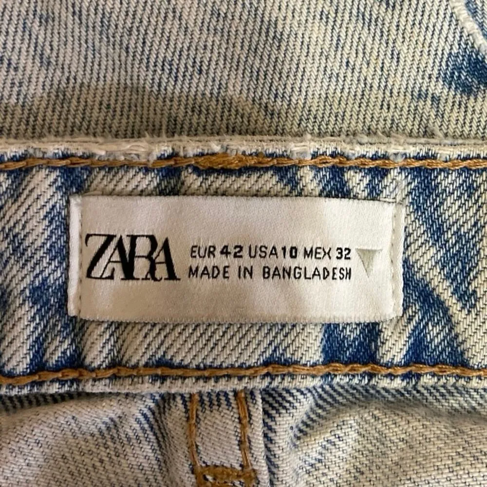 Zara Blue Acid Wash High Rise Tapered Wide Leg Light Wash Crop Denim Jeans 10 - Image 4