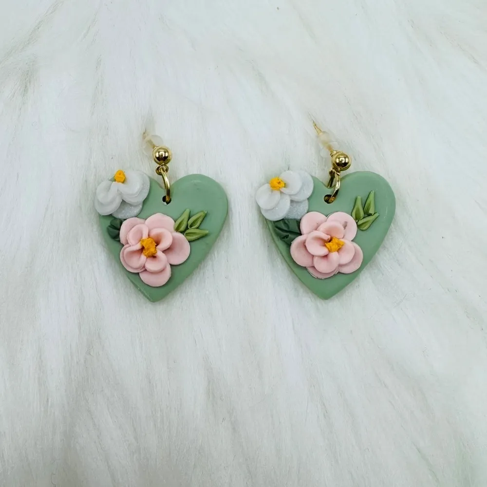 Green Floral Polymer Clay Drop Earrings - Image 2