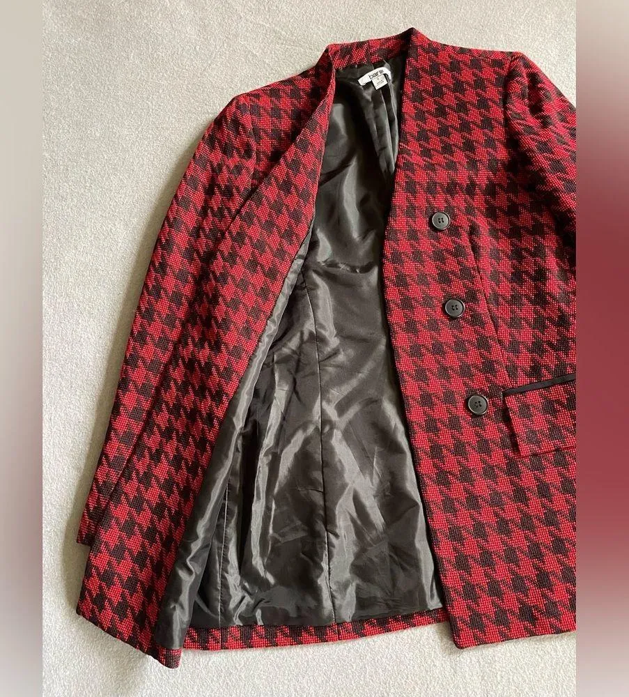 Bar III Womens Size 2 Red Black Houndstooth Print Button Up Coat Jacket DC32 - Image 5