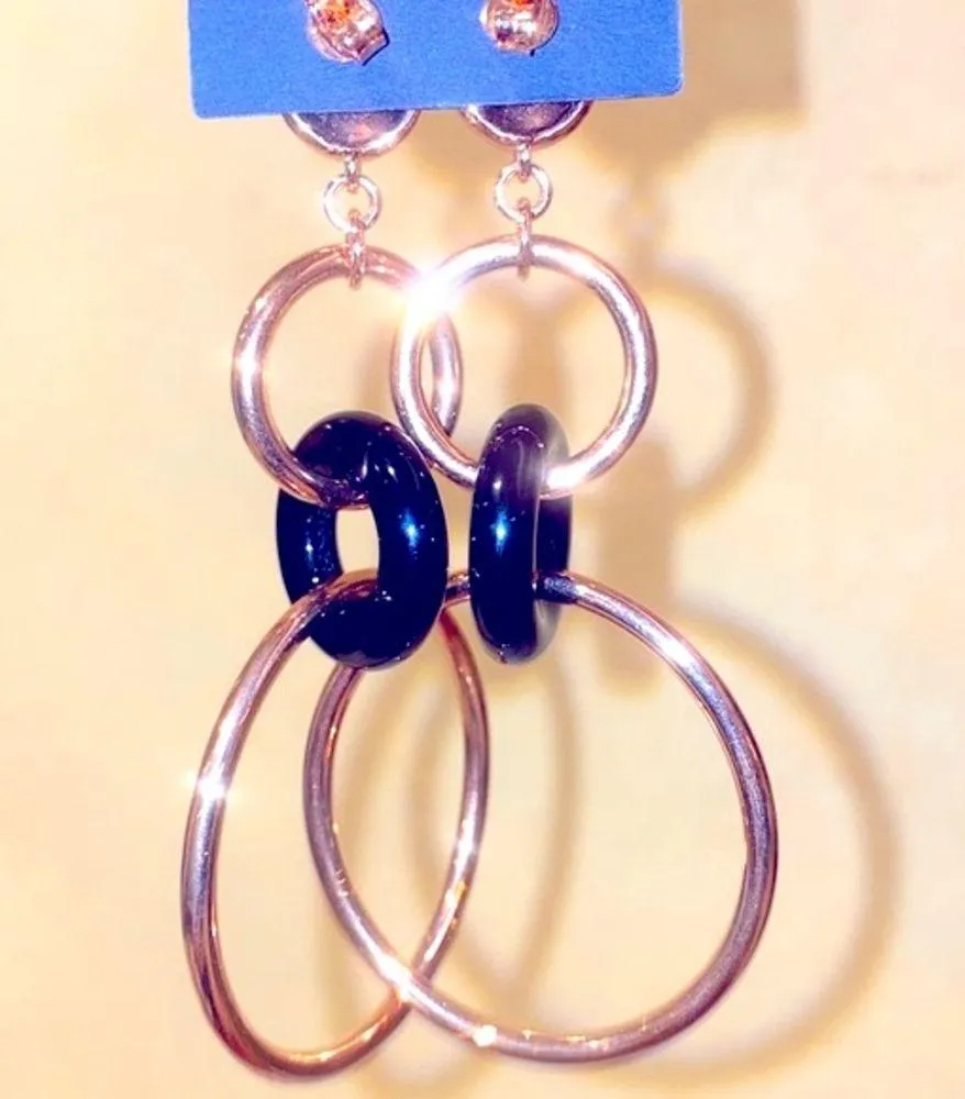 🆕 18kt Rose Gold Earrings Bronzallure & Onyx 3” Dangly Circle Hoop, MILOR ITALY Pink - Image 8