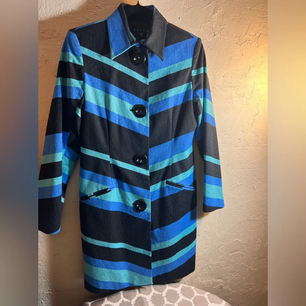 Vesti Multicolor Striped Trench Coat pockets button front black blues collar 8 - Image 9