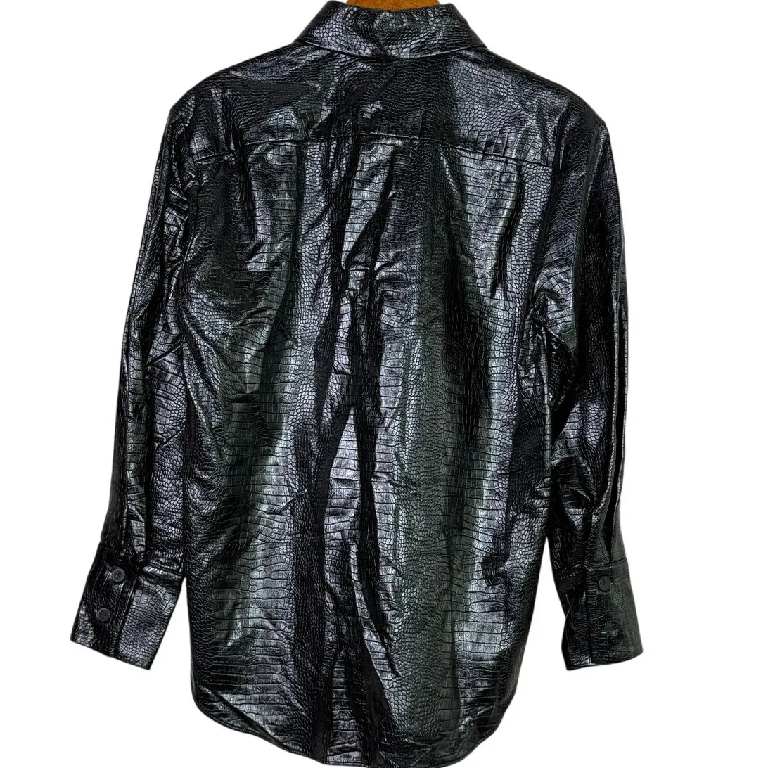 NWT Zara Oversized Faux Leather Longsleeve Shirt Jacket Shacket XS Black #3950 - Image 4