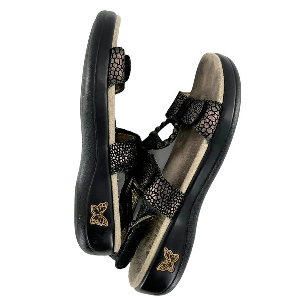 ALEGRIA Black & Gold Pebble Print Leather Sandals Size 37 Comfort Casual - Image 6
