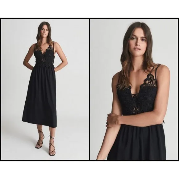 💕REISS💕 Serena Lace Bodice Midi Cocktail Dress ~ Black 4 US NWT - Image 2