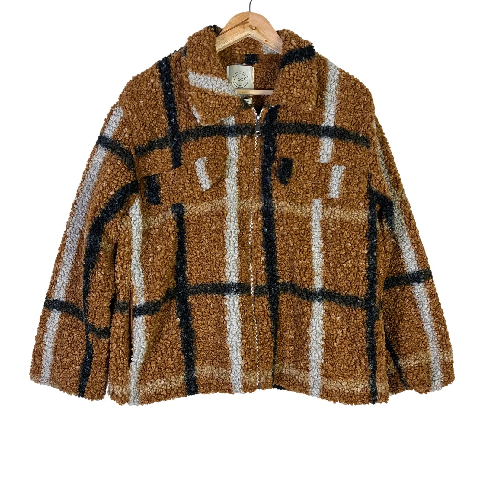 Stoosh Plaid Sherpa Fleece Jacket Womens L Brown Cozy Winter Rustic Country - Image 2