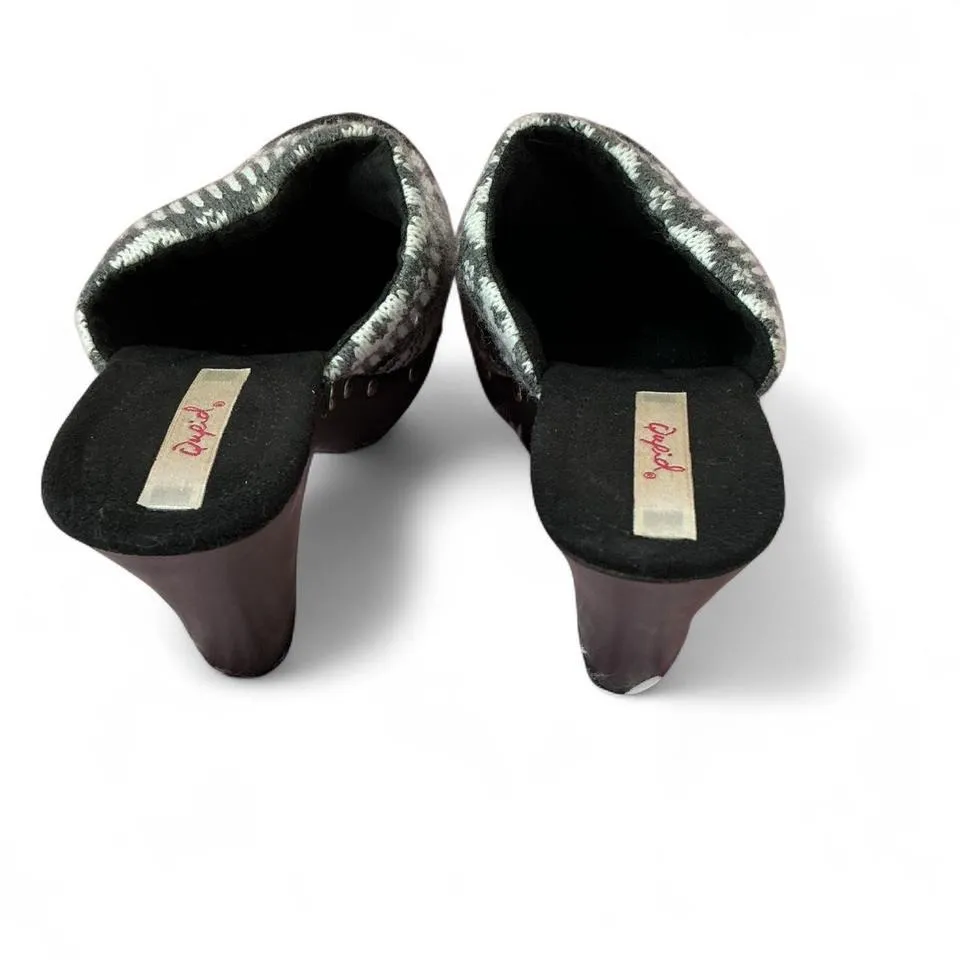 Qupid Fair Isle Knit Clog Heels Studded‎ Wood Platform Black Heel Mules - Image 5