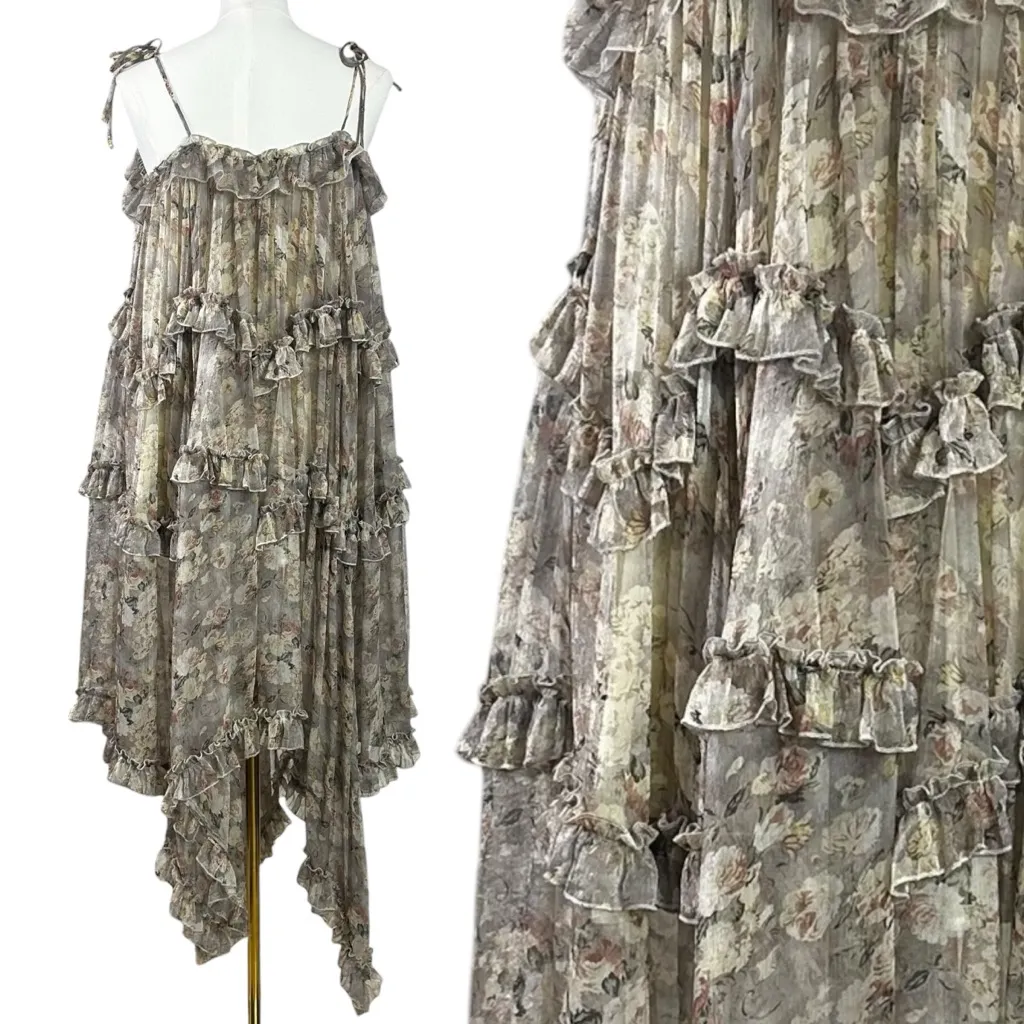 Choosy Ethereal Dainty Tiered Asymmetrical Ruffle Midi Dress Muted Floral Size 4 Gray - Image 5