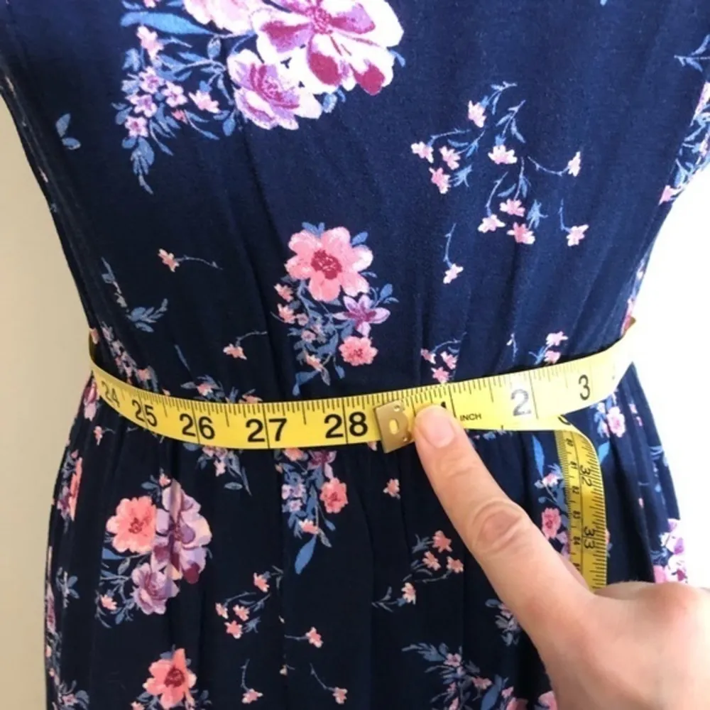 NWOT Navy Blue Square Neck Pink Floral Midi Dress New  Elastic Waist - Image 6