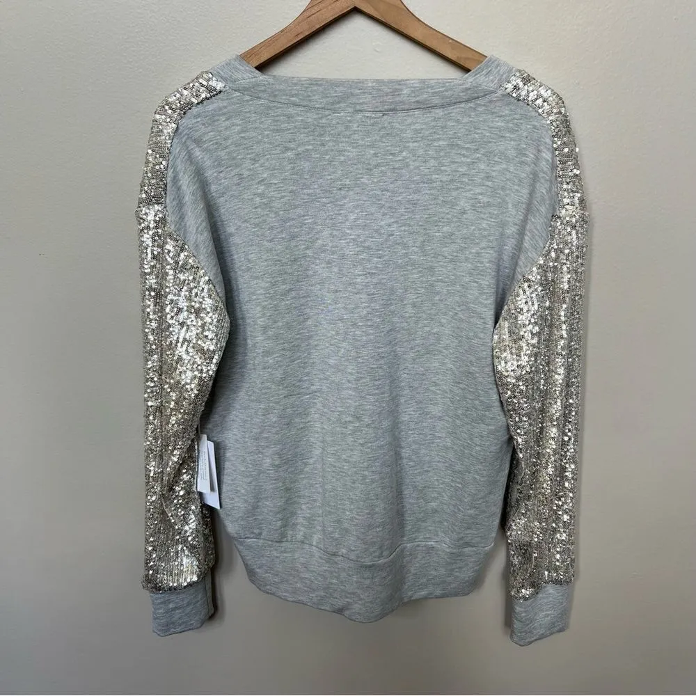 Fifteen Twenty NWT Champagne Sequin Contrast Knit Sweatshirt Grey Size Small - Image 5
