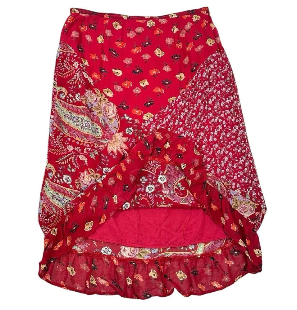 Vintage 90s Y2K Bohemian Floral Patchwork Midi Skirt Silky Ruffle Size Large - Image 4