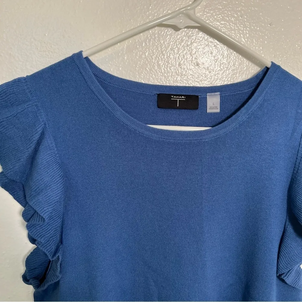 T Tahari Flutter Sleeve Sweater Knit Top Blue L - Image 3