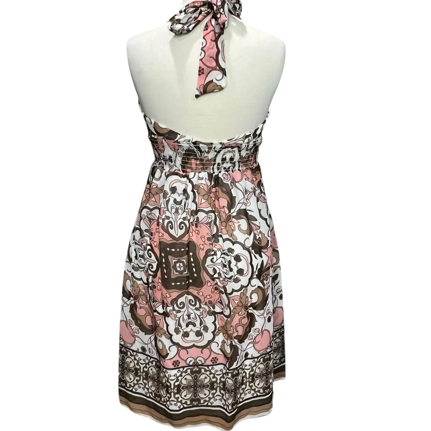 Trixxi Y2K Halter Dress 5 White Multi Floral Paisley Smocked Babydoll Boho Retro - Image 4