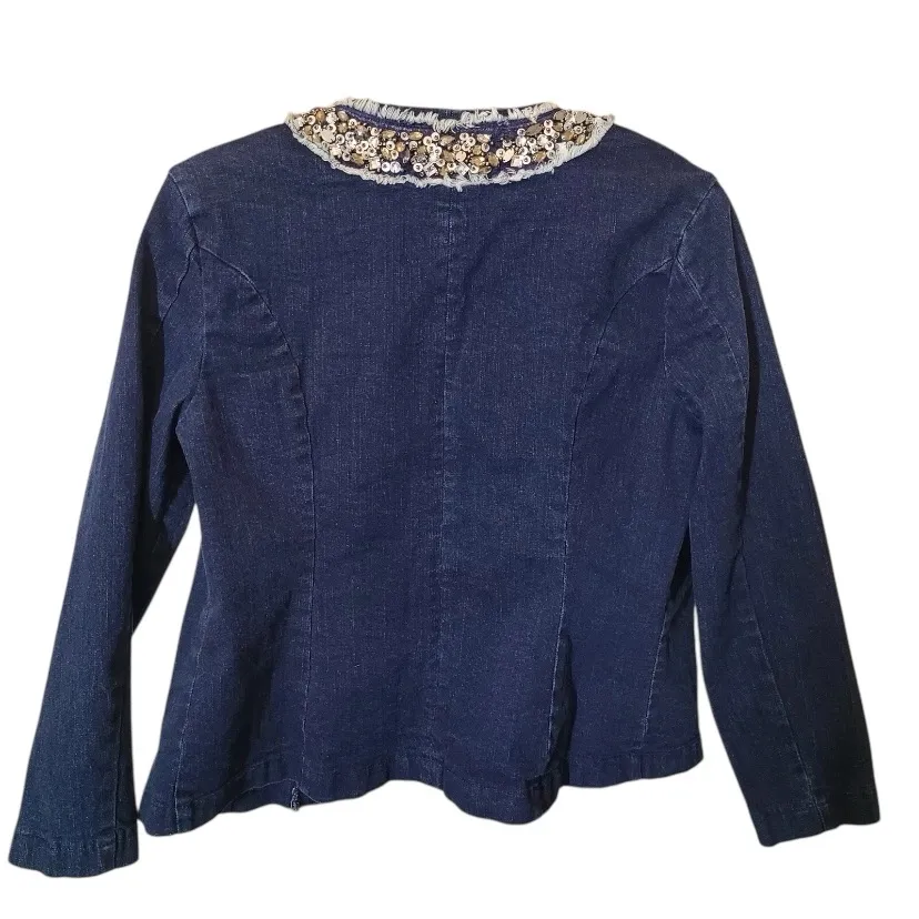 Draper's & Damon's petite denim jacket sequin Bead trim Embellished Glam Blazer Blue Size M - Image 5