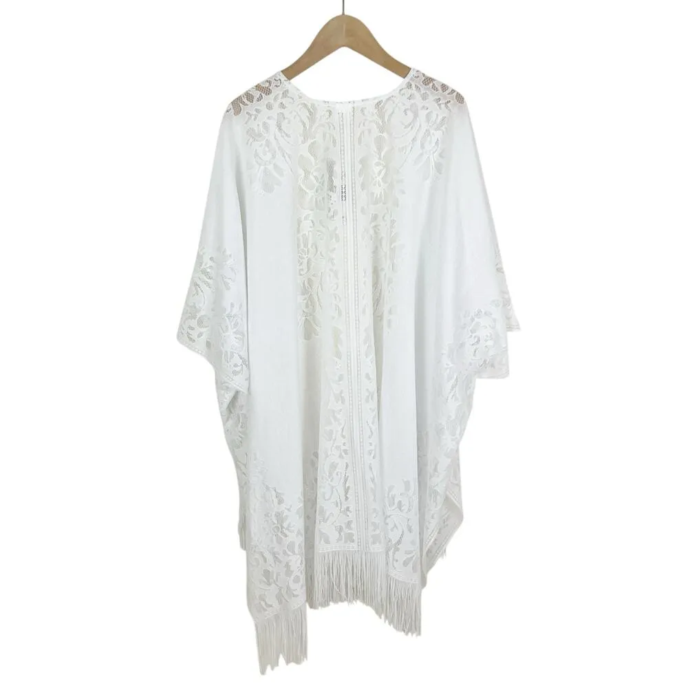 NWT New Directions White Lace Fringe Trim Kimono Cover Up One Size Size undefined - Image 5