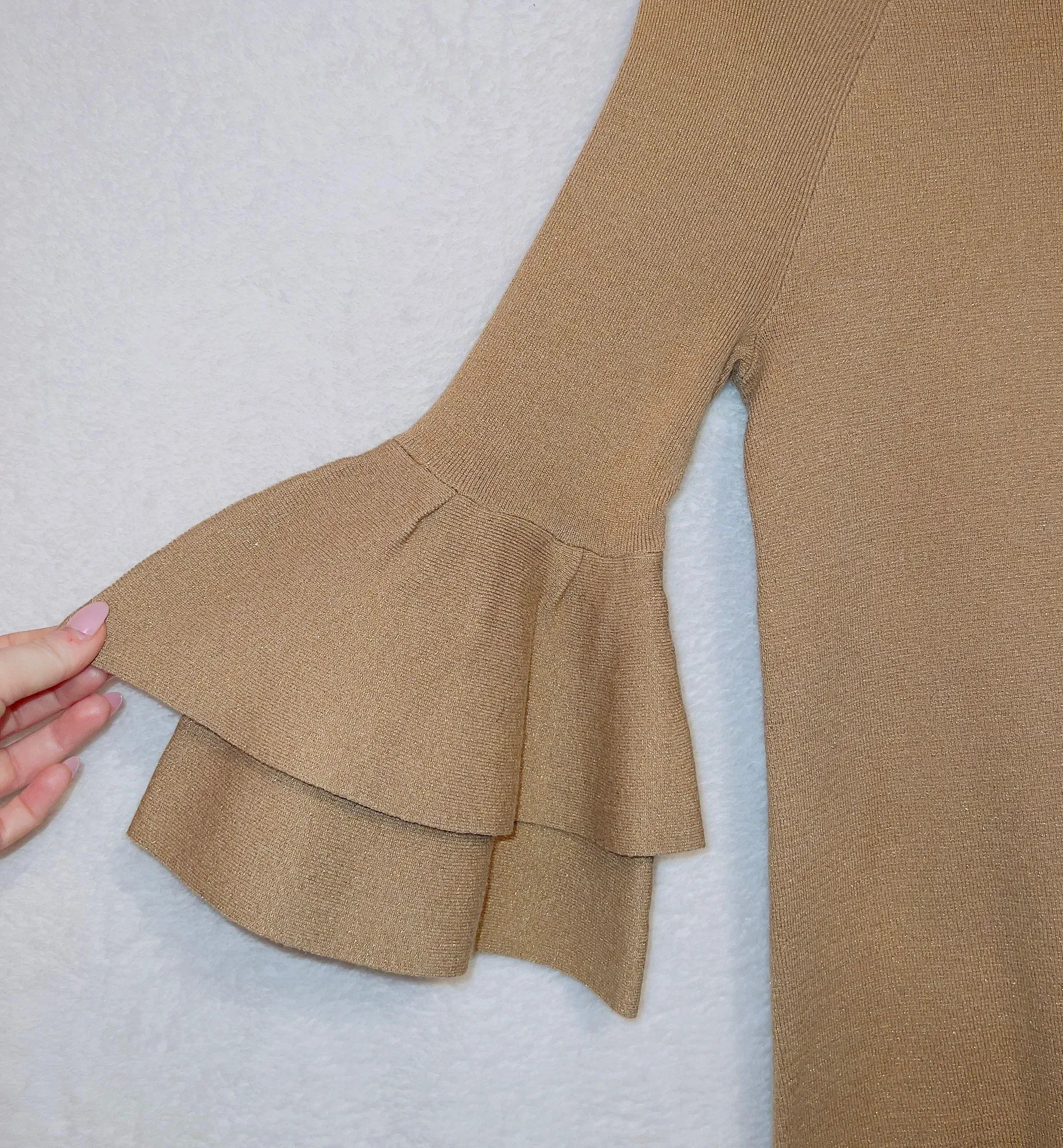 Anthropologie Gold Metallic Tan Claudette Ruffle Sleeve Sweater Dress - Image 2