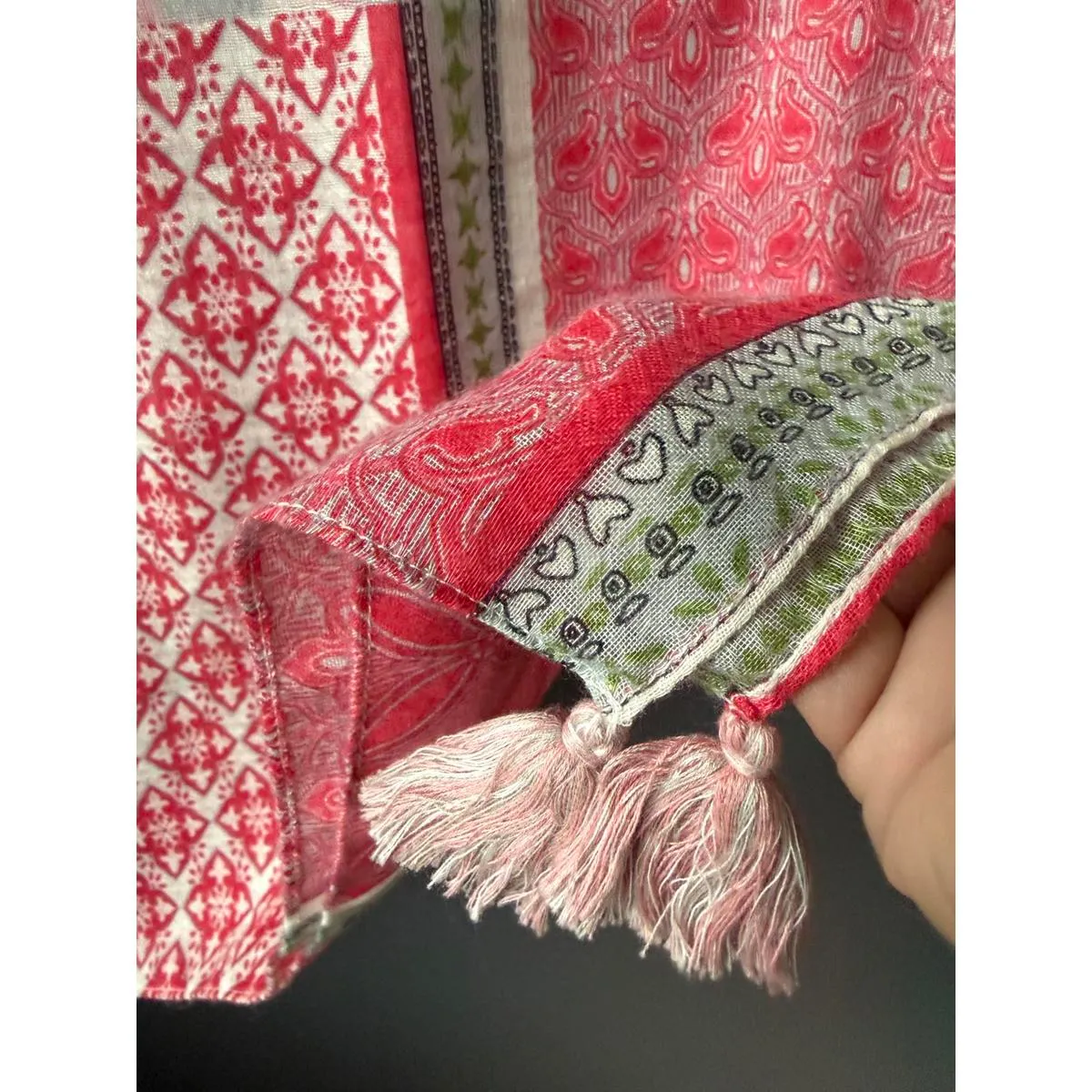 Boho Patterned Black and White Scarf with Coral Border and Tassel Details Size undefined - Image 4