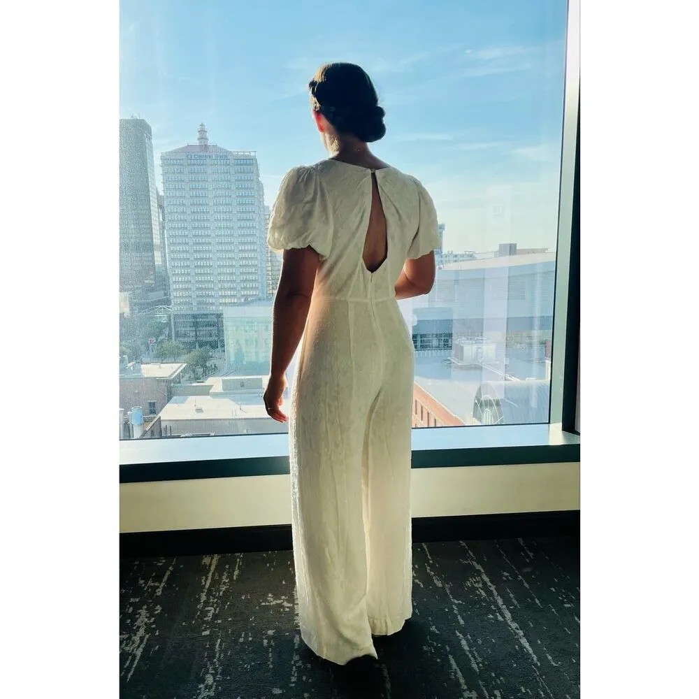 CLUB MONACO White Open Back V-Neck Textured Style Tie Back Jumpsuit Size 4 - Image 15