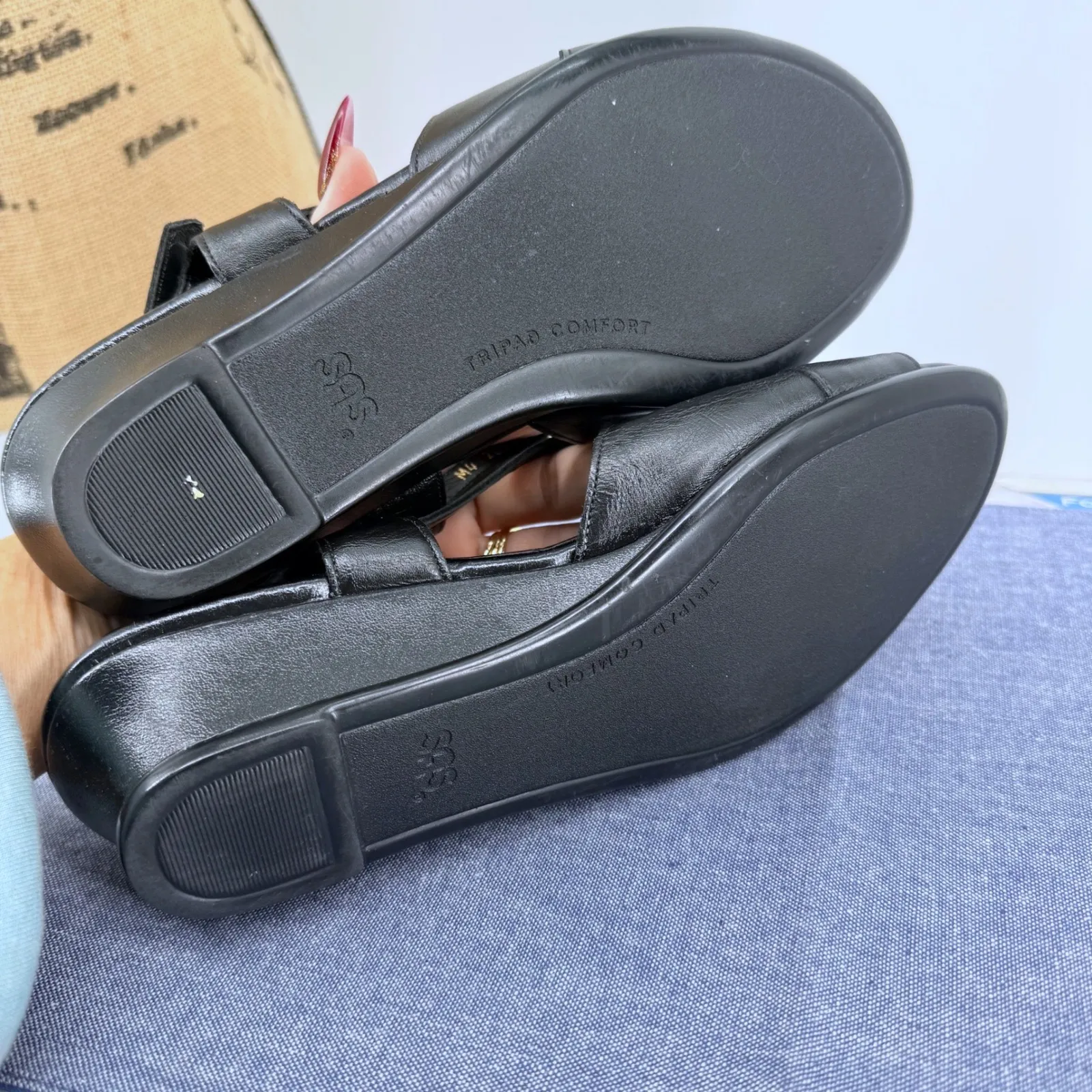 SAS Tripad Comfort Caress Cross Strap Black Leather Wedge Sandal 8.5 WW Wide - Image 5