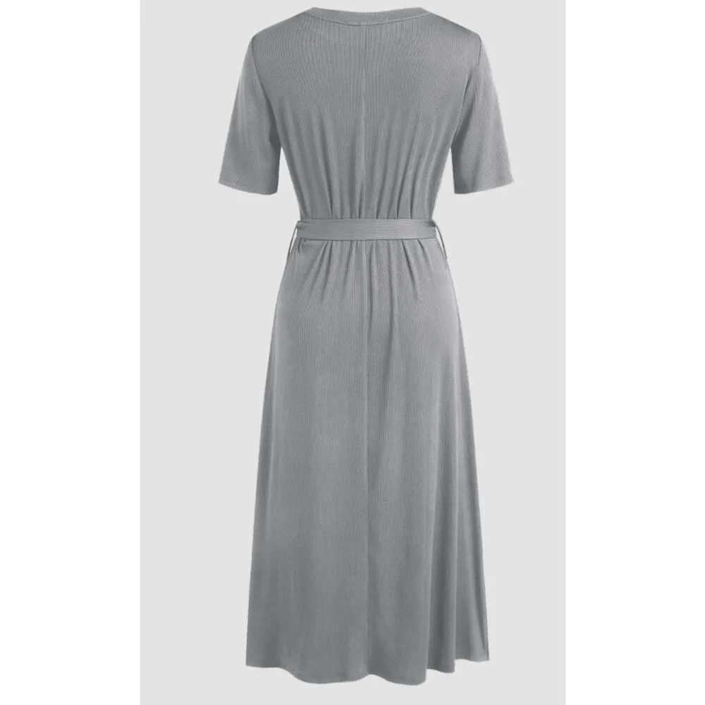 Cider Solid Belted Knitted Midi Dress in Grey - Image 2