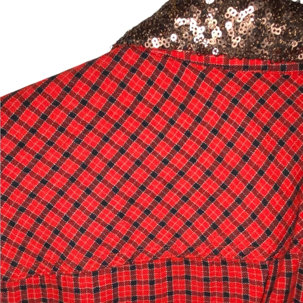 Merona red plaid cotton button down with rose gold sequin collar - Image 9