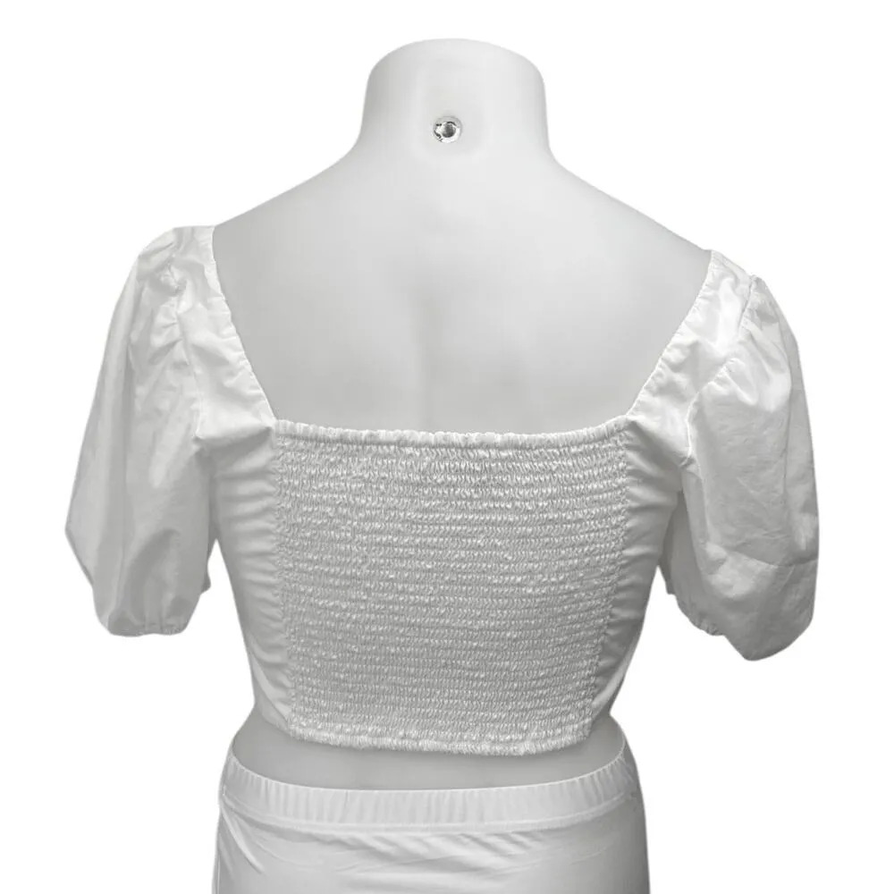 Abercrombie & Fitch White Short Puff Sleeve Smocked Corset Blouse Crop Top Sz L - Image 2