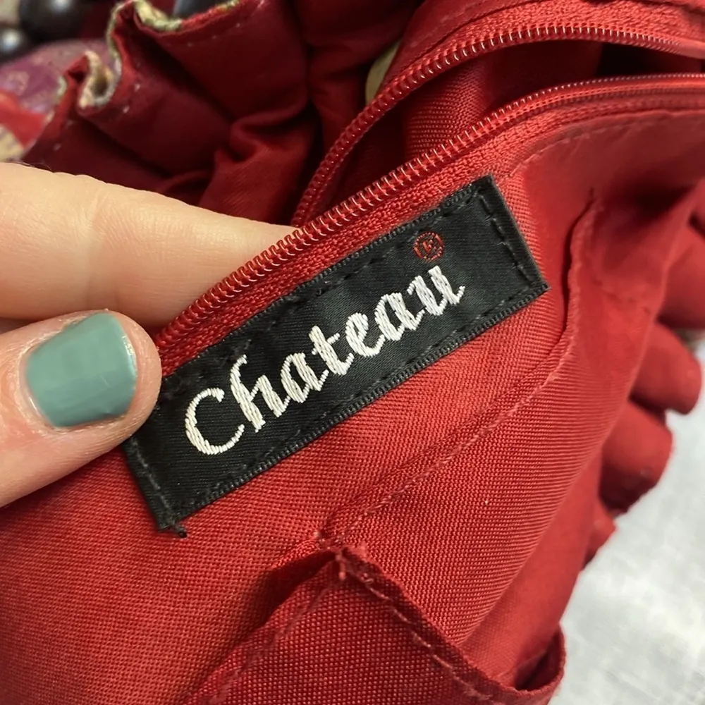 Chateau bohemian cloth shoulder bag with wooden beaded handle. - Image 8