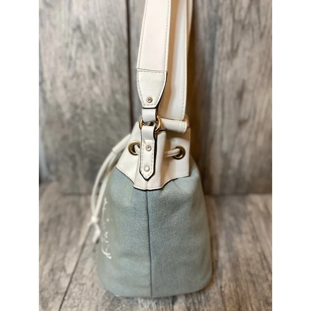 Juicy Couture Crossbody Bucket Bag White Denim Embroidered Purse - Image 6
