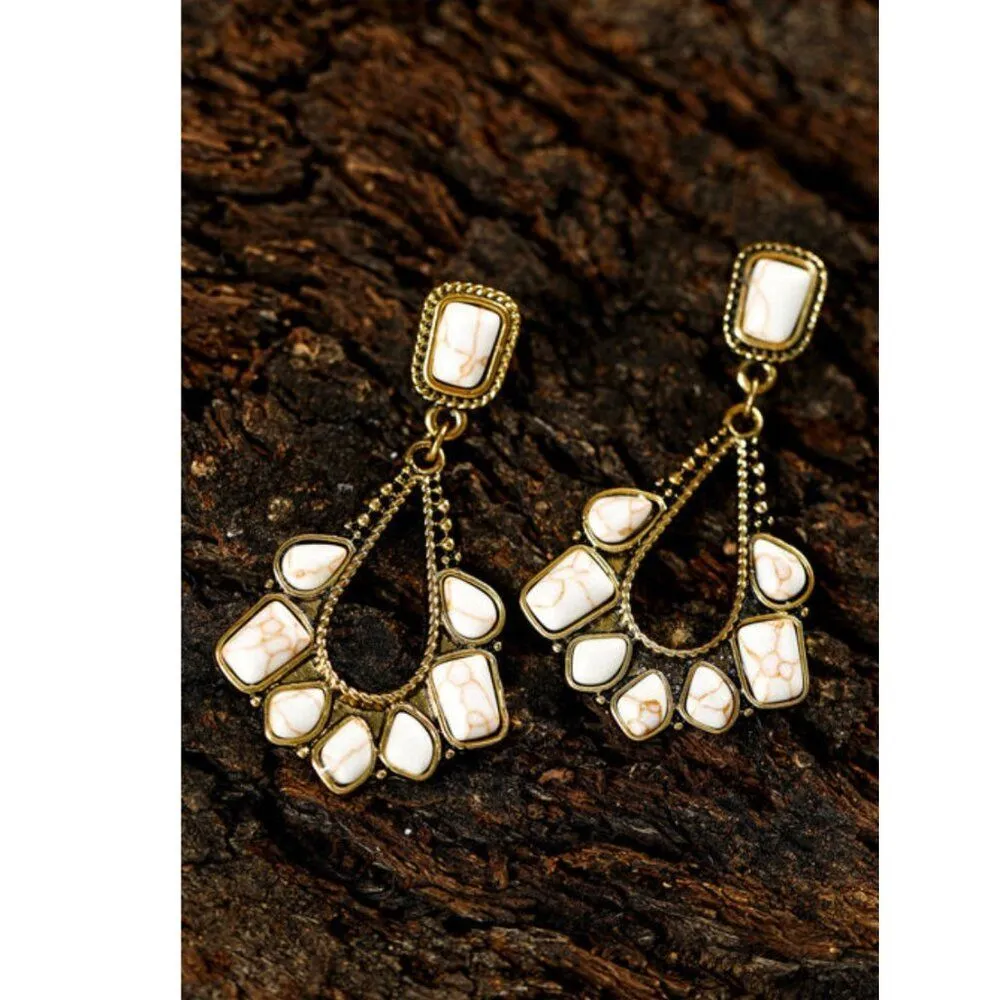 White Turquoise Inlay Cut Out Western Dangle Earrings Gold - Image 2