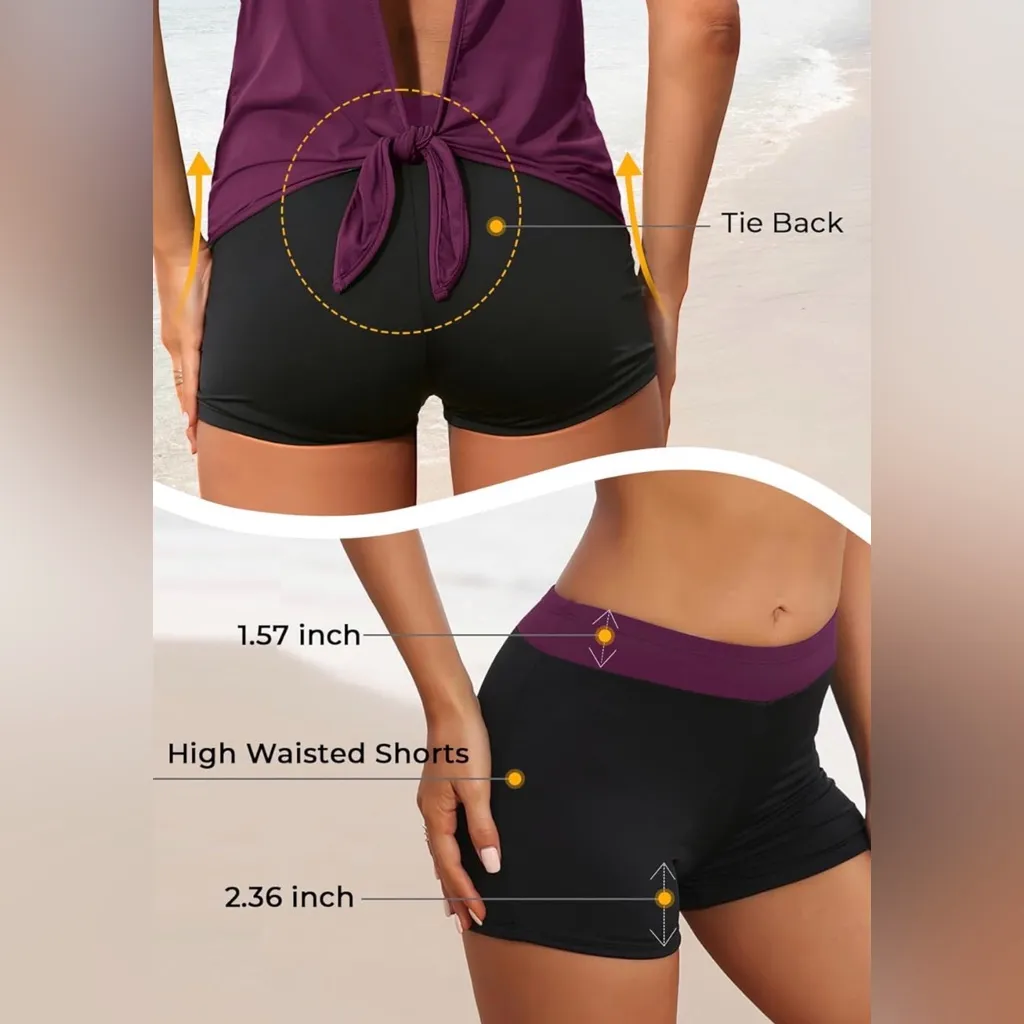 Aqua Eve 3 Piece Tankini Swimsuit Tank Shorts Open Back Purple Leaves S NWT - Image 5