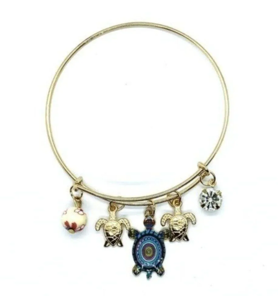 Beaded Sea Turtle Charm Colorful Bangle Bracelet - Image 2