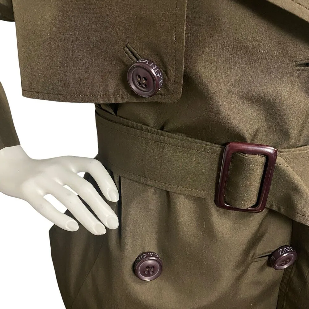 Authentic Zang Toi Olive Green Trench Coat Size 2 100% Silk Belted Pocket - Image 11