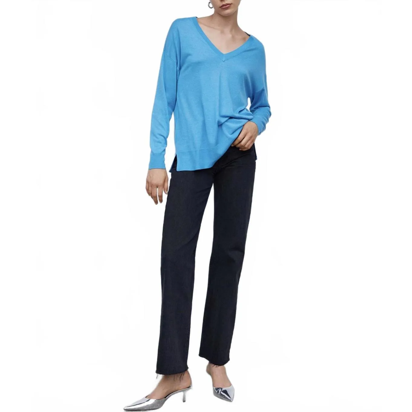 Mango V-Neck Pullover with Slits Lombia Jersey Blue NWT Size XS - Image 6