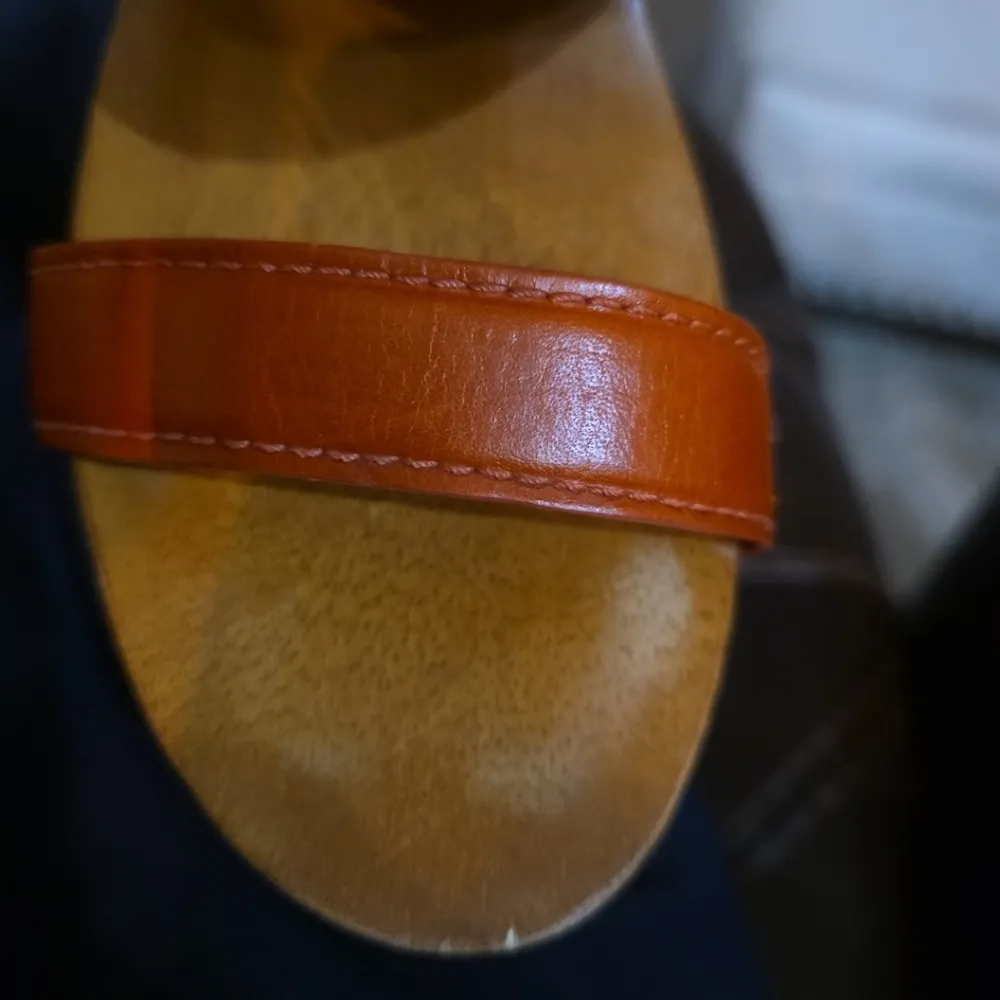 Tory Burch Womens Orange Gold  Leather Wooden Wedge Sandals Size 9 Boho TN Vols - Image 7