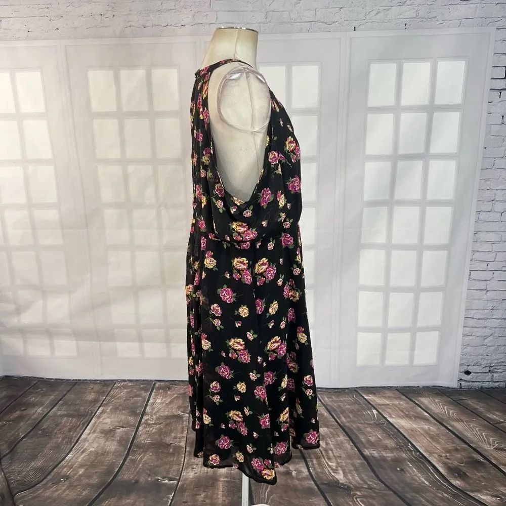 Torrid Halter Neck Floral Cold Shoulder Pleated A-Line Black Dress 16 - Image 4