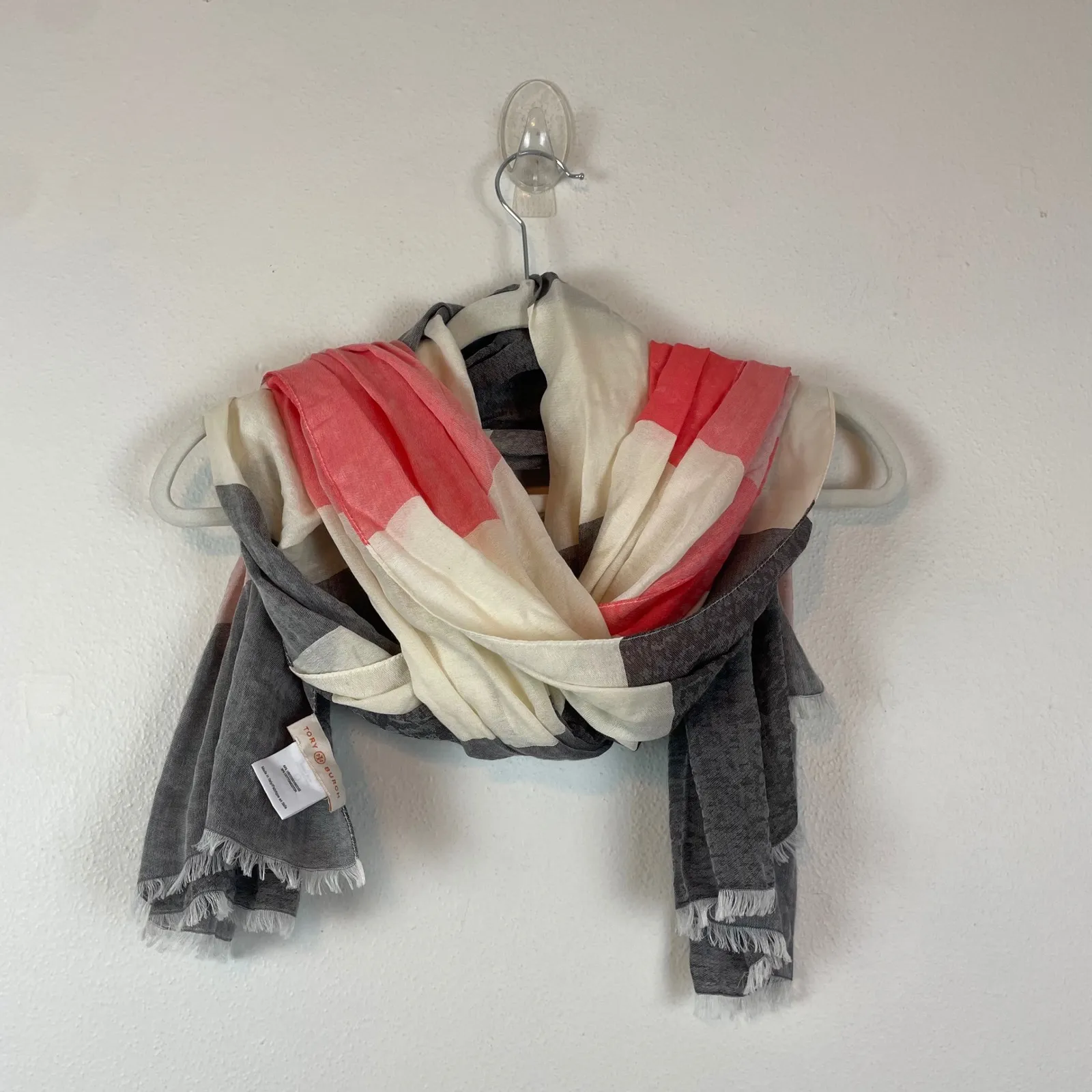 Tory Burch‎ Striped Scarf Viscose Cotton Blend Cream Pink Gray Made in Italy - Image 4