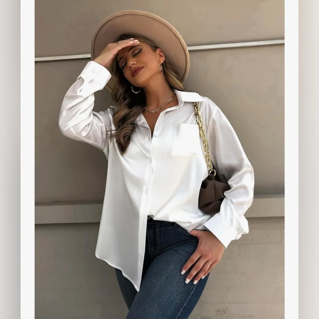 IN'VOLAND Women’s Satin Button Down Shirt Long Sleeve Blouse White 22W NWT - Image 5