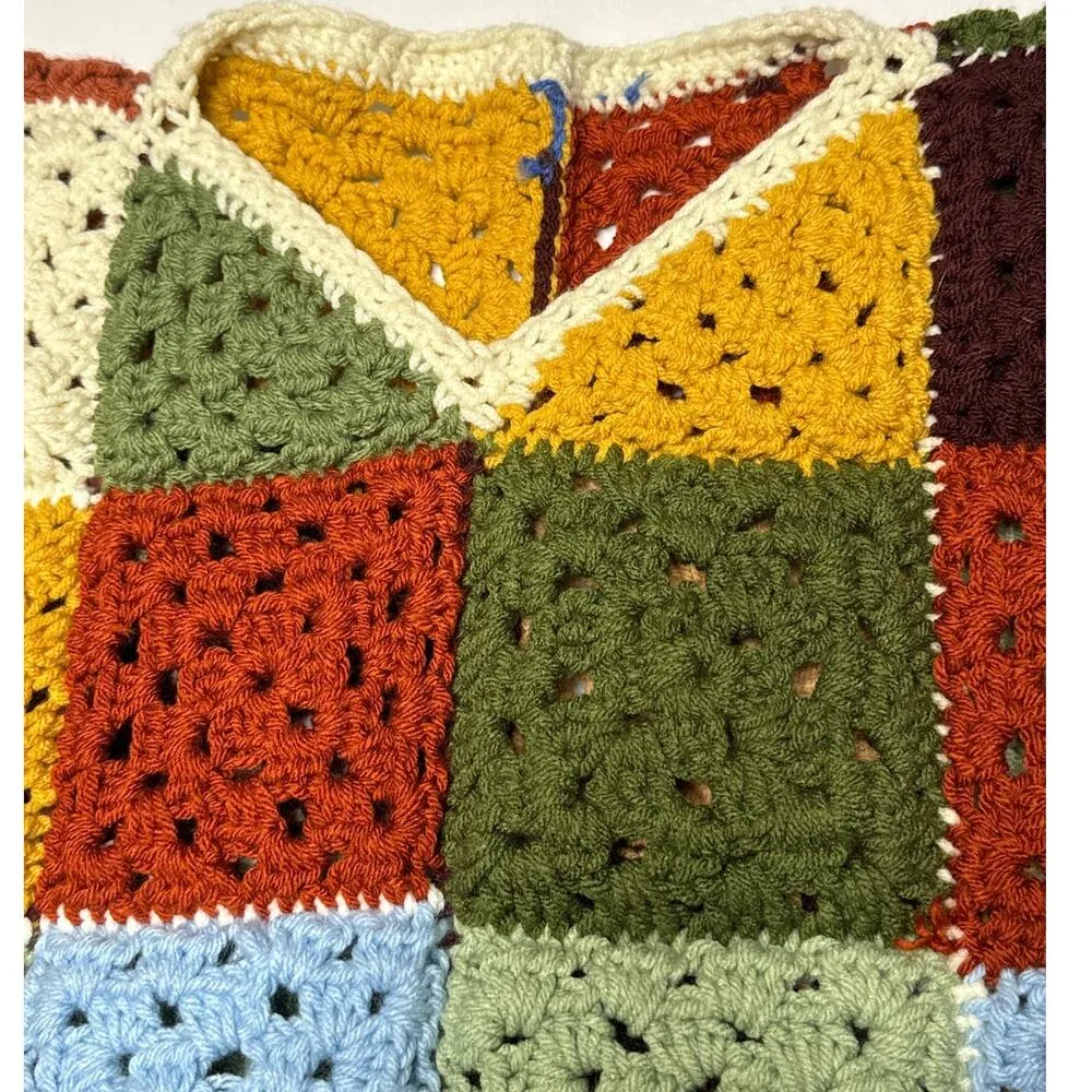 Vintage OOAK Handmade Crocheted Patchwork Hippie crop Vest Multicolor medium Brown - Image 4
