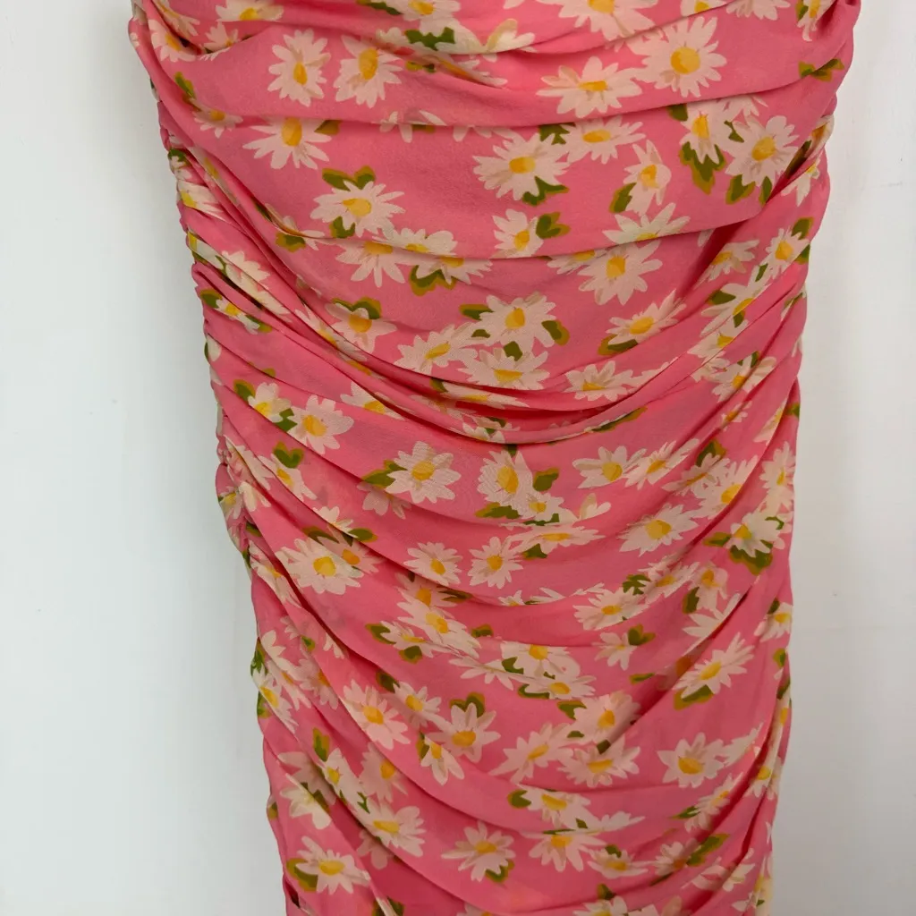 Moschino Floral Daisy Print Strapless Dress Sz 8 Pink Ruched Bodycon - Image 5