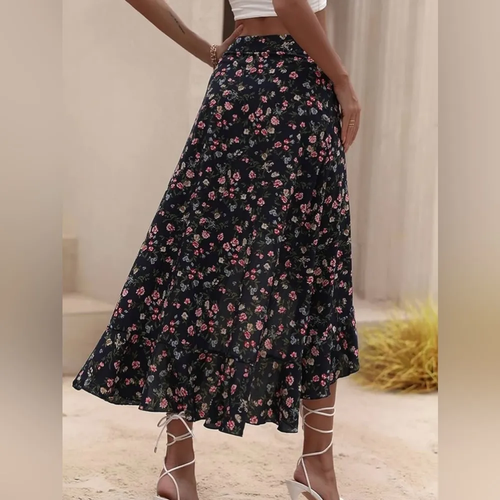 Casual Midi Floral Print Ruffle Trim Slit Thigh Skirt | Size: M - Image 2