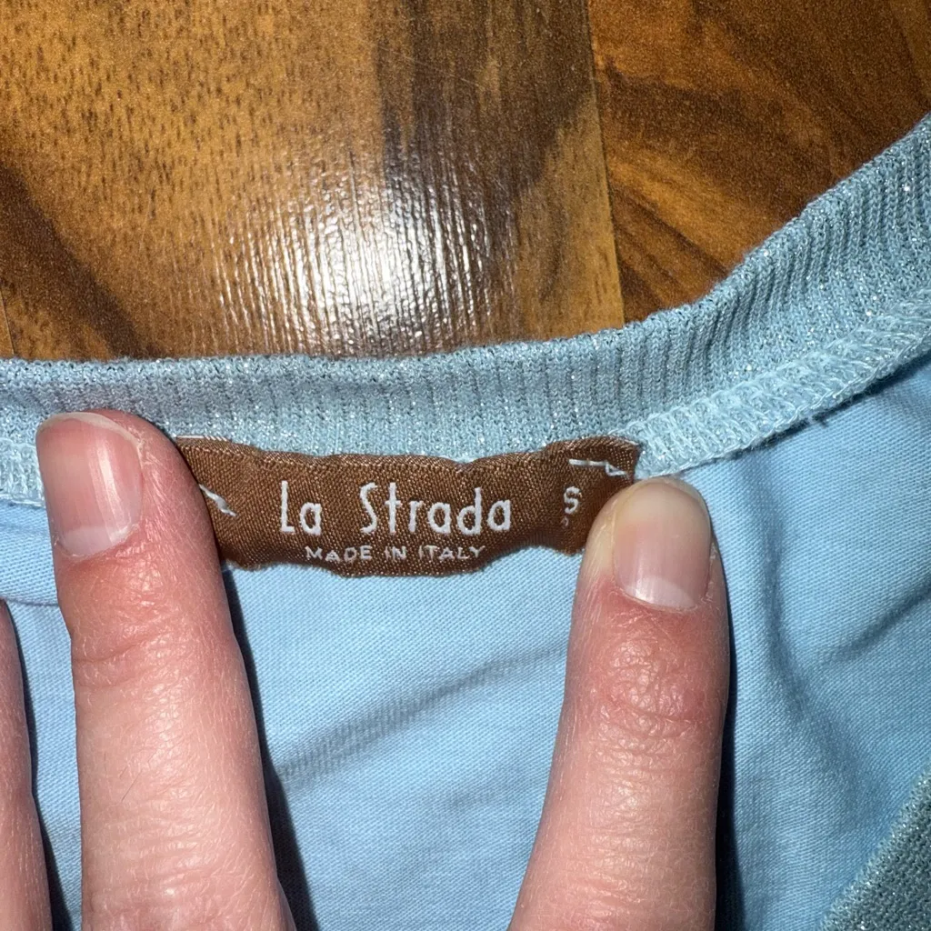 La strada short sleeve‎ women’s top made in Italy small linen and cotton blend Blue - Image 2